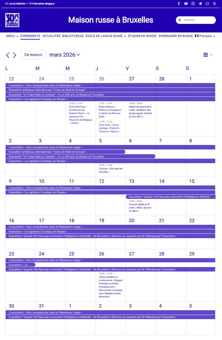 Page Internet. Maison russe Bruxelles-Europe. Calendrier des événements culturels du 1er au 31 mars 2026. 2026-03-01